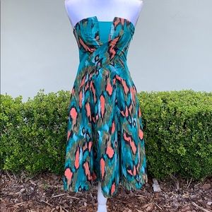 Anthropologie Turquoise and Coral Strapless Dress